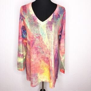 Soft Surroundings orange yellow purple watercolor knit sweater tunic top Medium